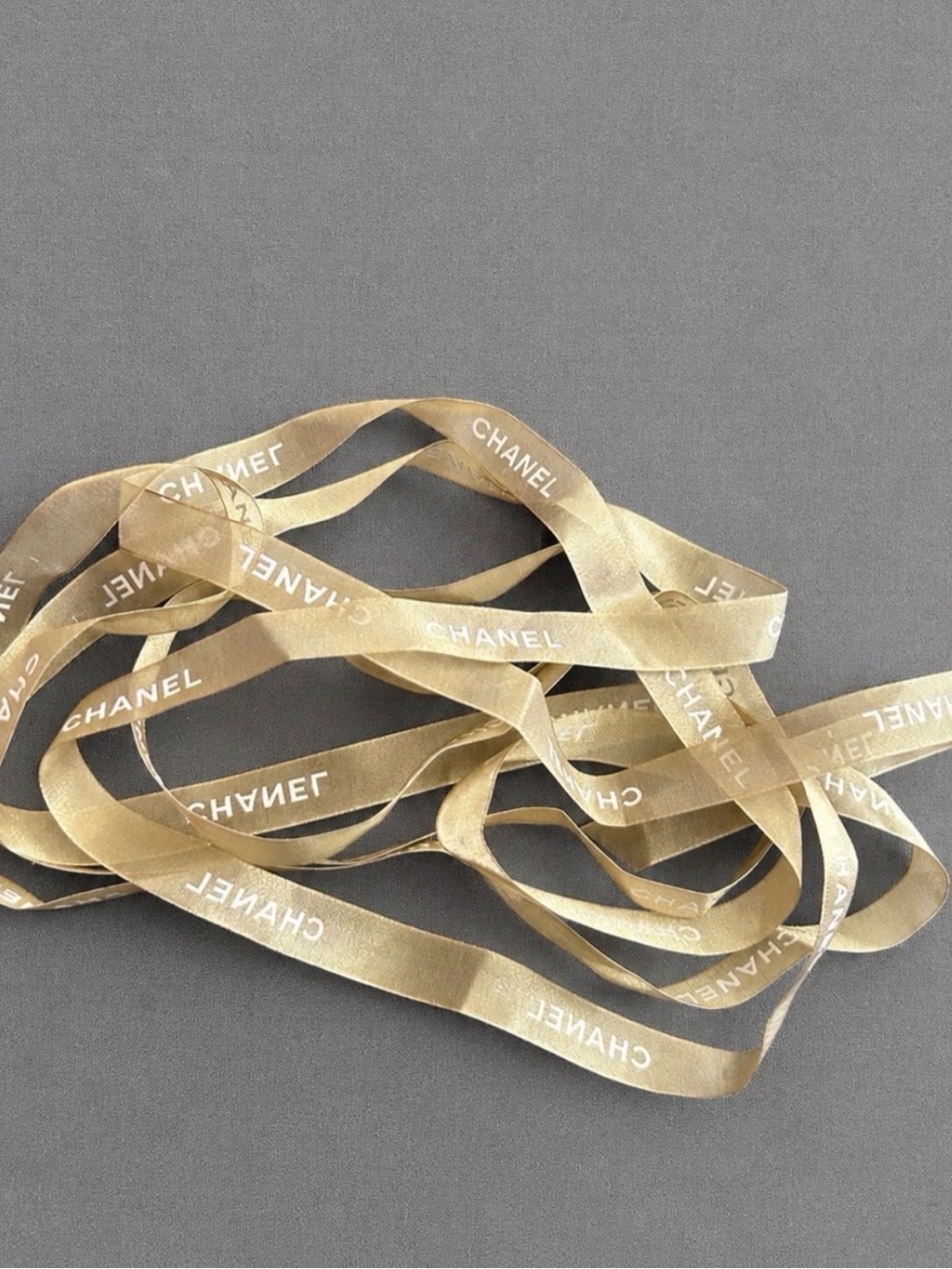 CHANEL Gold Ribbon 3 Continuous Yards White Logo Authentic Gift Wrap